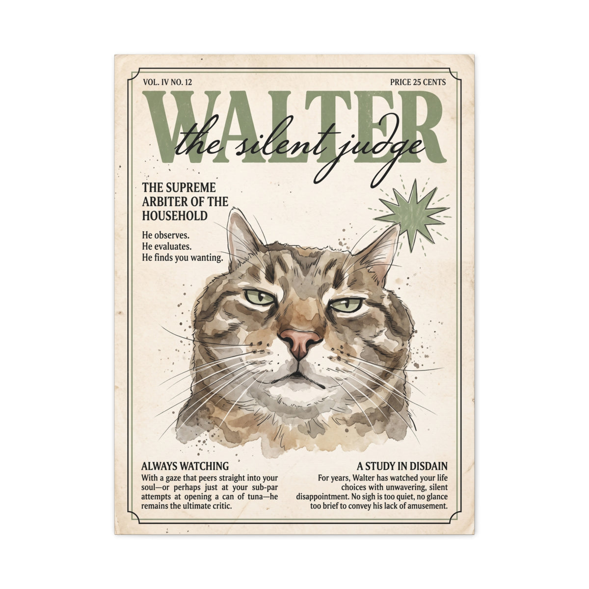 Walter the Silent Judge Cat Canvas Print, Vintage Magazine Pet Portrait
