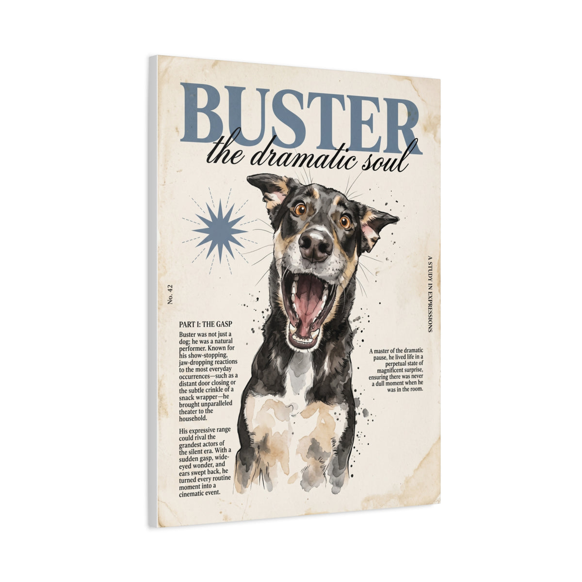 Buster the Dramatic Soul Canvas Wall Art, Pet Portrait Matte Stretched Print