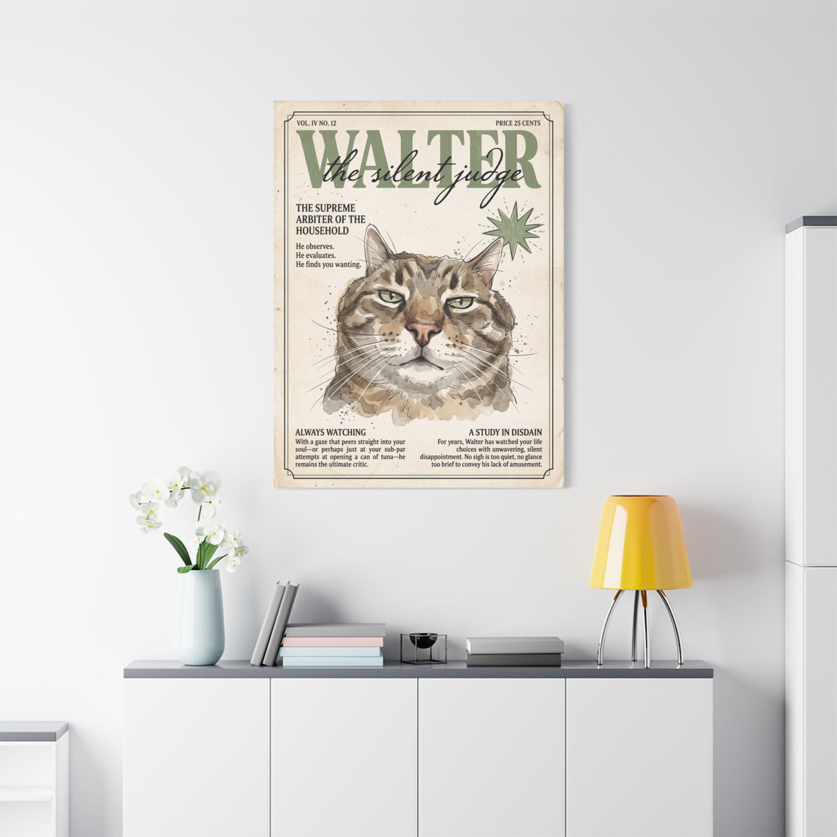 Walter the Silent Judge Cat Canvas Print, Vintage Magazine Pet Portrait