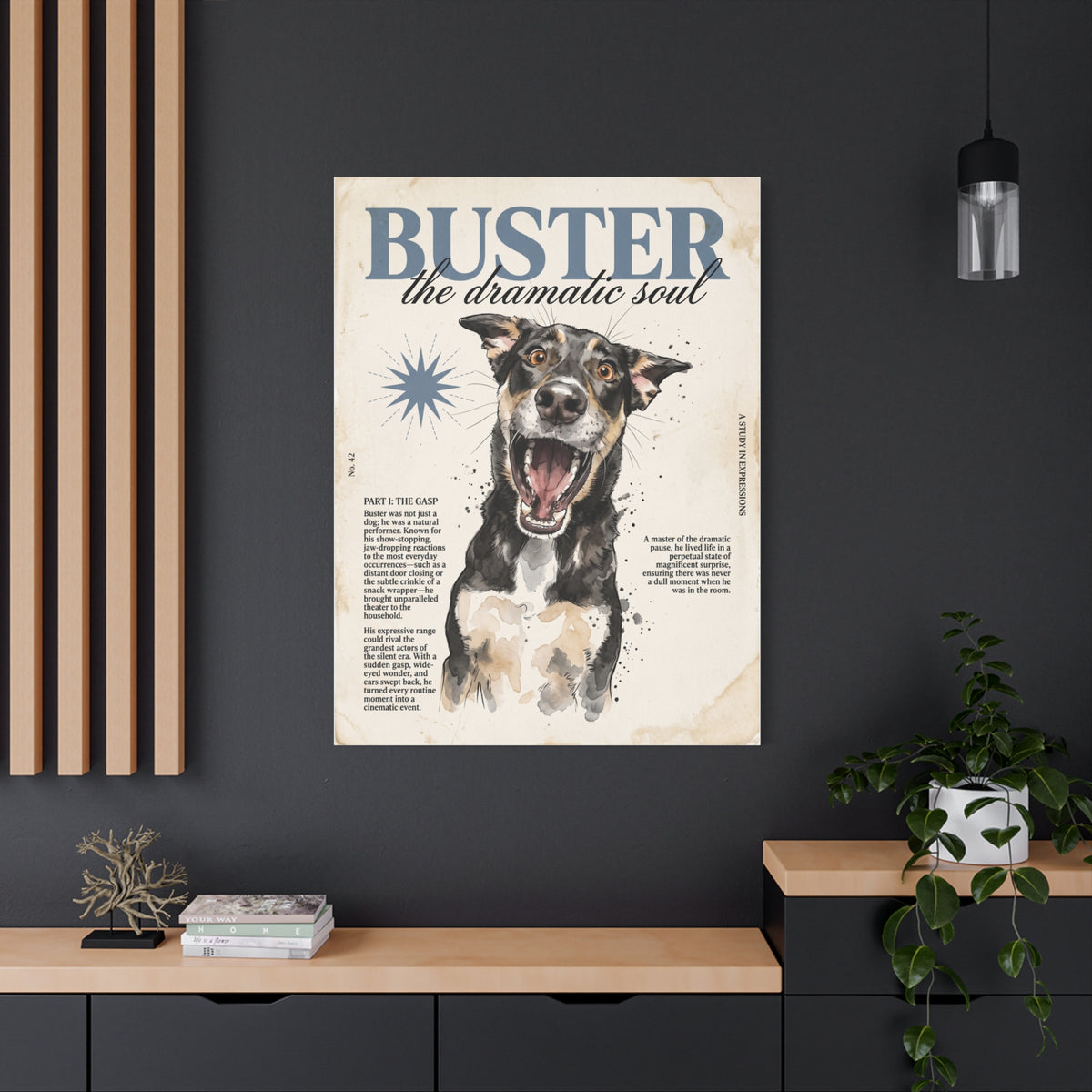 Buster the Dramatic Soul Canvas Wall Art, Pet Portrait Matte Stretched Print