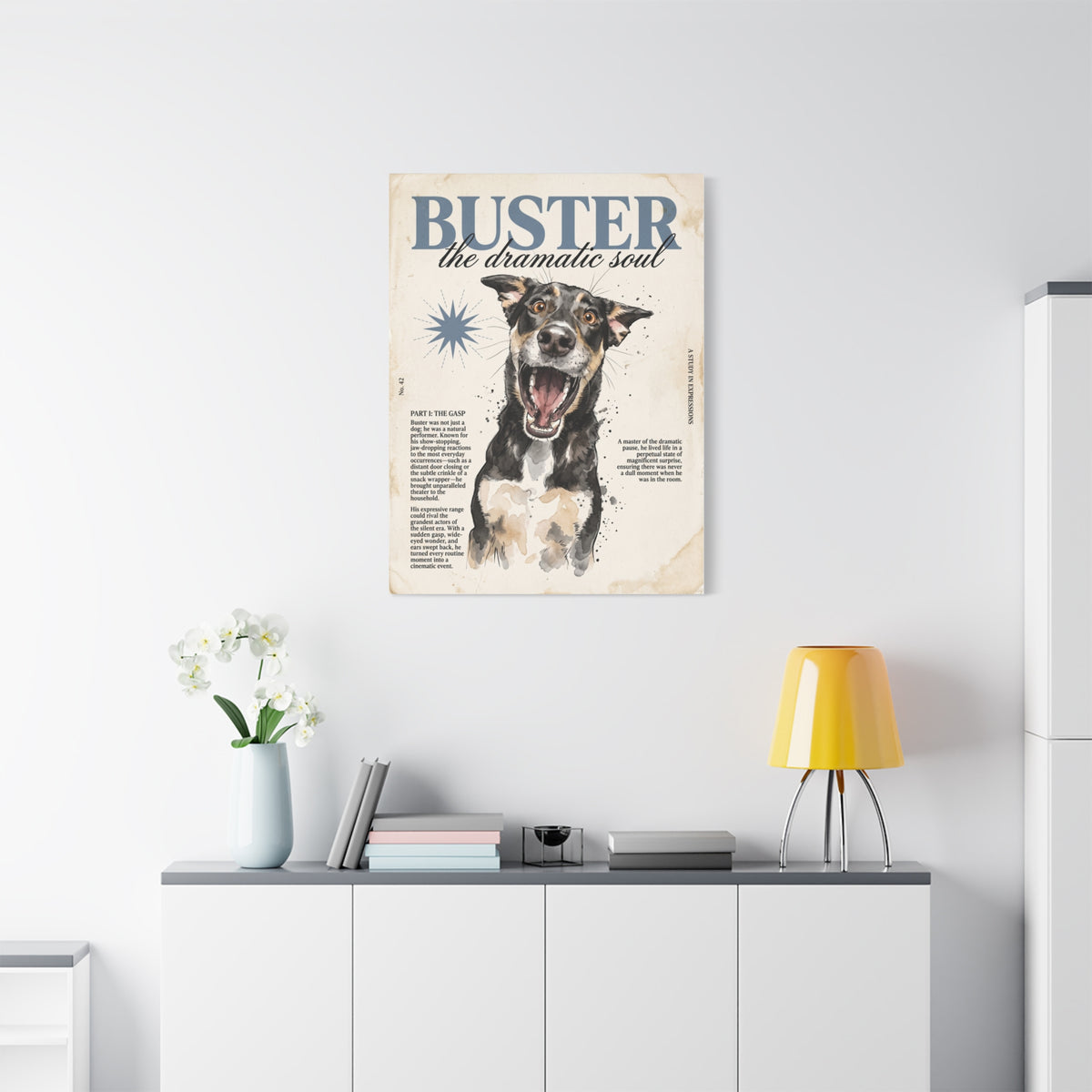 Buster the Dramatic Soul Canvas Wall Art, Pet Portrait Matte Stretched Print