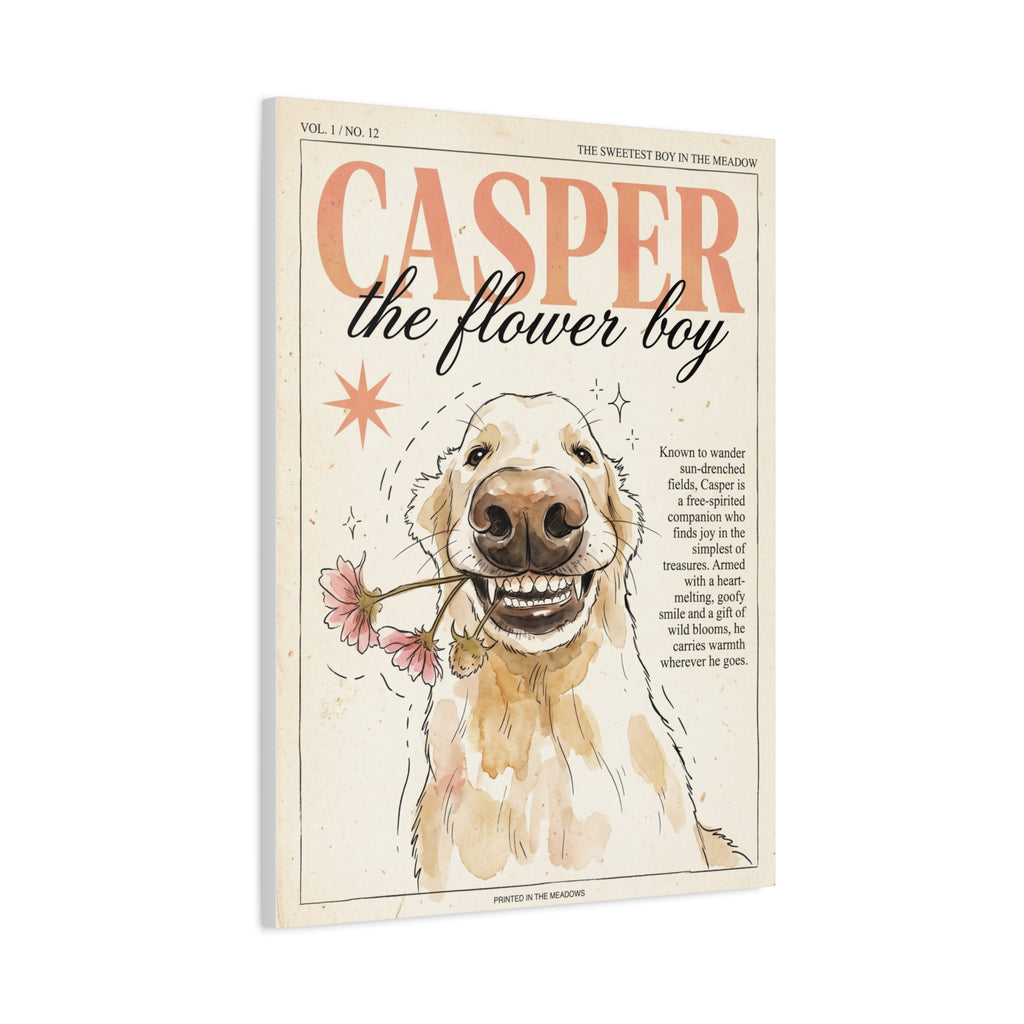 Casper the Flower Boy Canvas Print, Whimsical Golden Retriever Flower Dog Wall Art