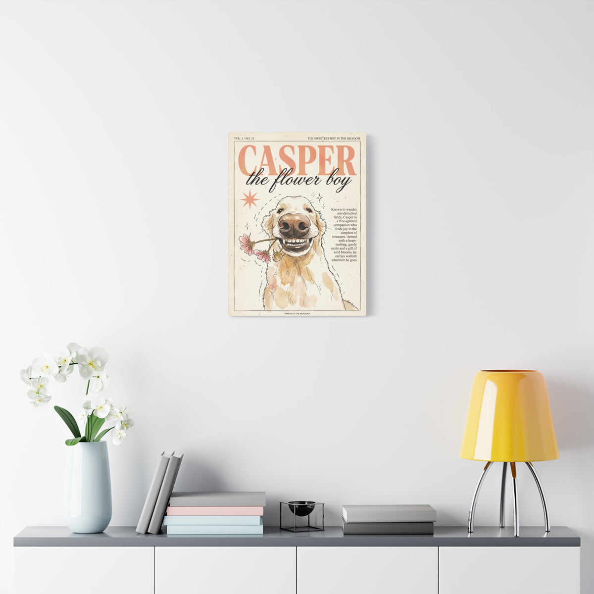 Casper the Flower Boy Canvas Print, Whimsical Golden Retriever Flower Dog Wall Art