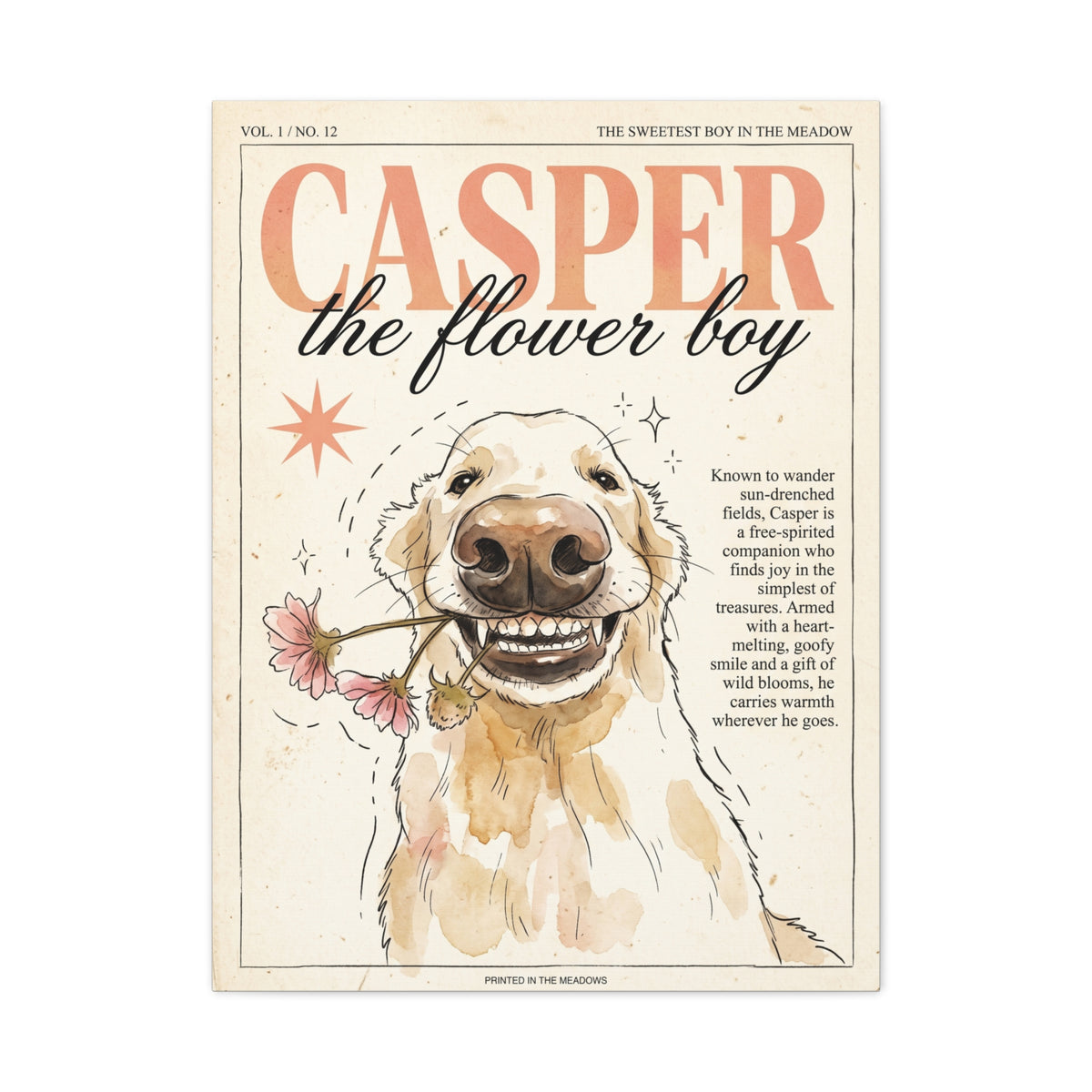 Casper the Flower Boy Canvas Print, Whimsical Golden Retriever Flower Dog Wall Art