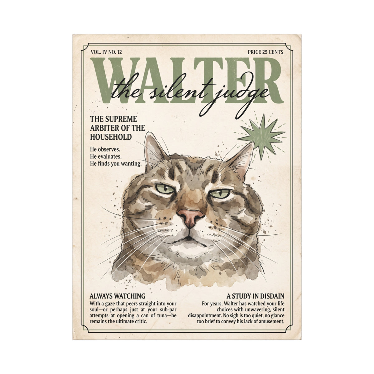 Walter the Silent Judge Cat Canvas Print, Vintage Magazine Pet Portrait