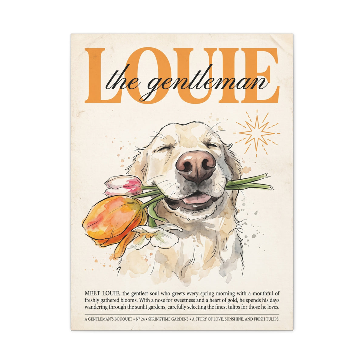 Louie the Gentleman, Golden Retriever Canvas Wall Art with Tulips