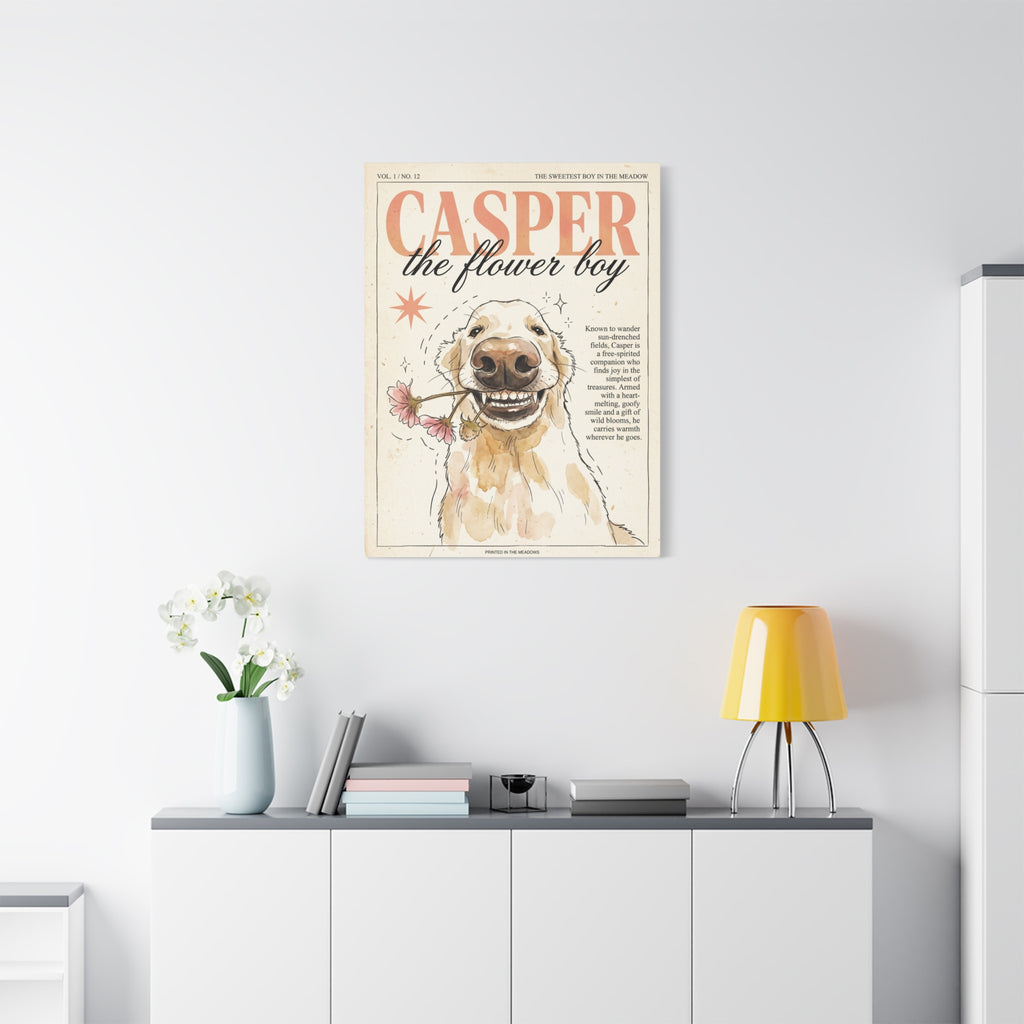 Casper the Flower Boy Canvas Print, Whimsical Golden Retriever Flower Dog Wall Art