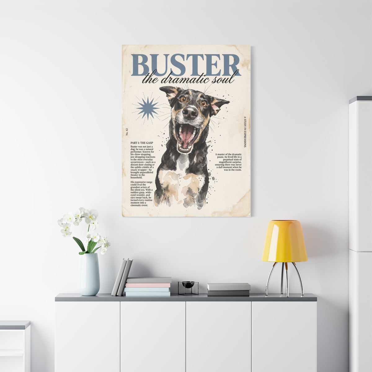 Buster the Dramatic Soul Canvas Wall Art, Pet Portrait Matte Stretched Print