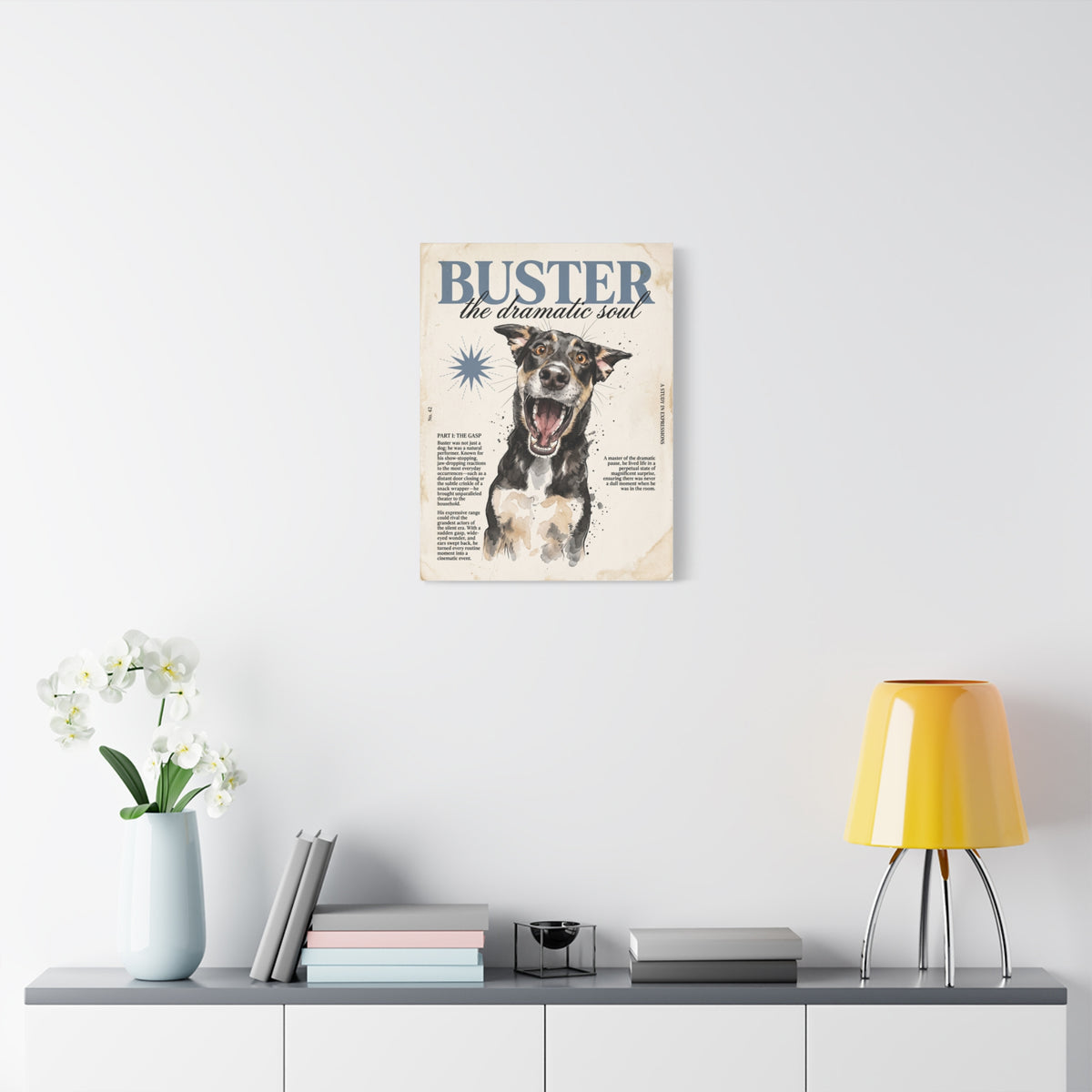 Buster the Dramatic Soul Canvas Wall Art, Pet Portrait Matte Stretched Print