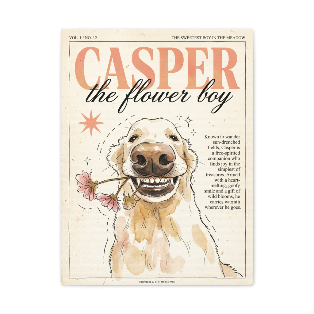 Casper the Flower Boy Canvas Print, Whimsical Golden Retriever Flower Dog Wall Art