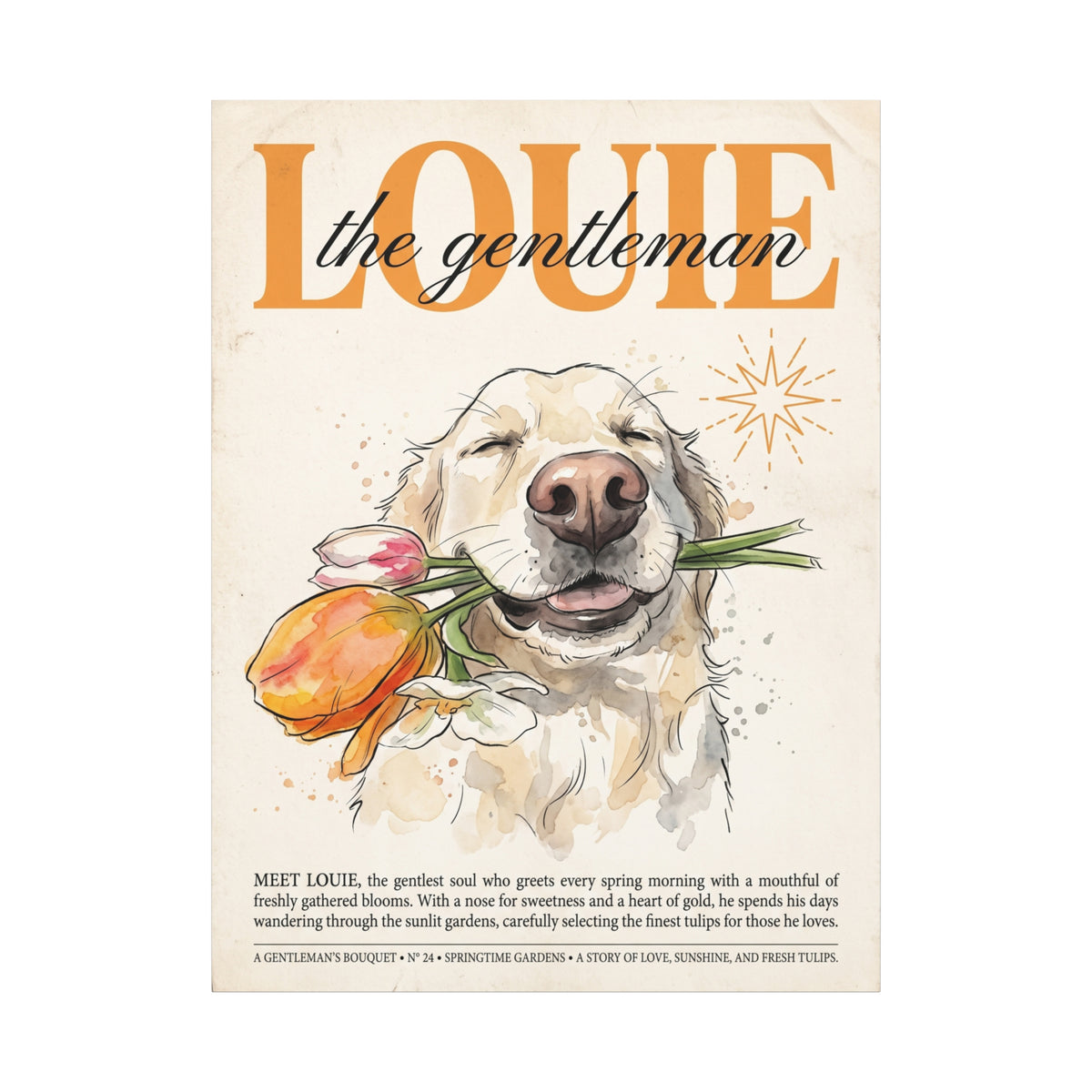 Louie the Gentleman, Golden Retriever Canvas Wall Art with Tulips