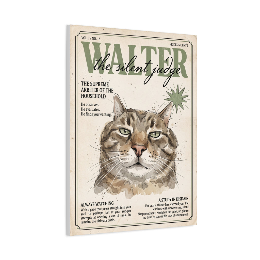 Walter the Silent Judge Cat Canvas Print, Vintage Magazine Pet Portrait