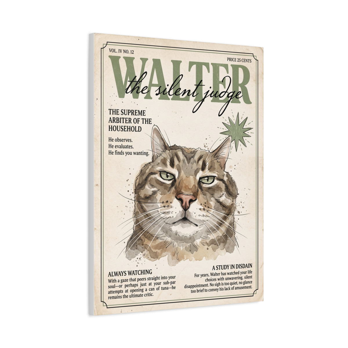 Walter the Silent Judge Cat Canvas Print, Vintage Magazine Pet Portrait