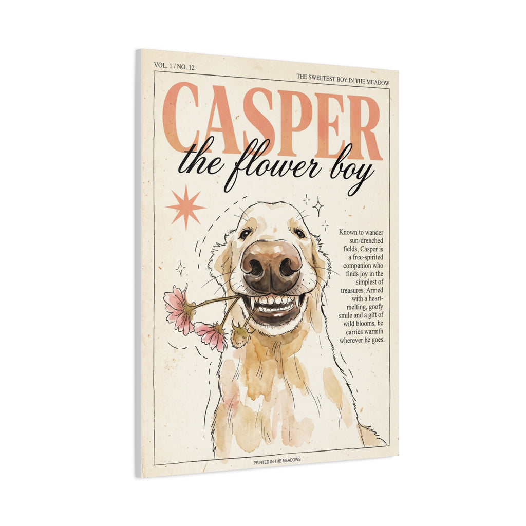 Casper the Flower Boy Canvas Print, Whimsical Golden Retriever Flower Dog Wall Art