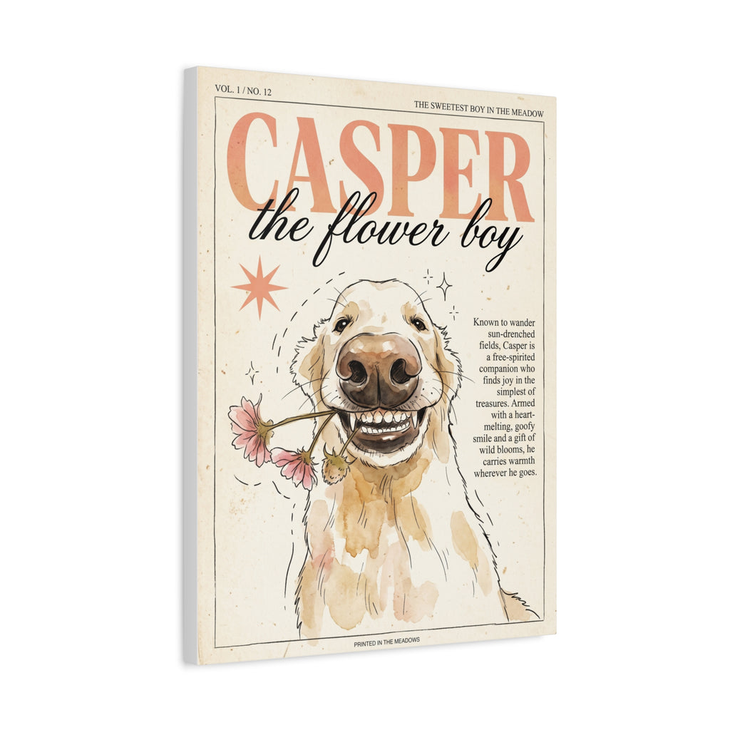 Casper the Flower Boy Canvas Print, Whimsical Golden Retriever Flower Dog Wall Art