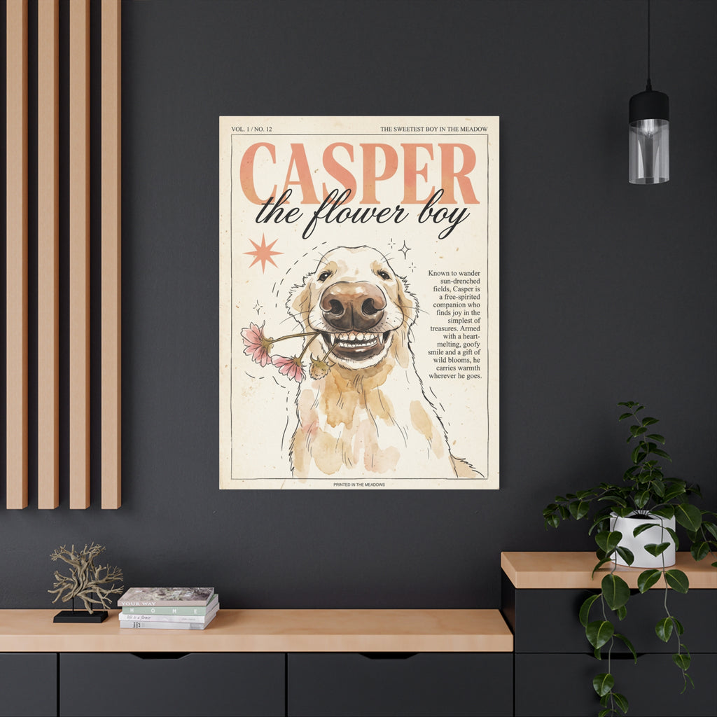 Casper the Flower Boy Canvas Print, Whimsical Golden Retriever Flower Dog Wall Art