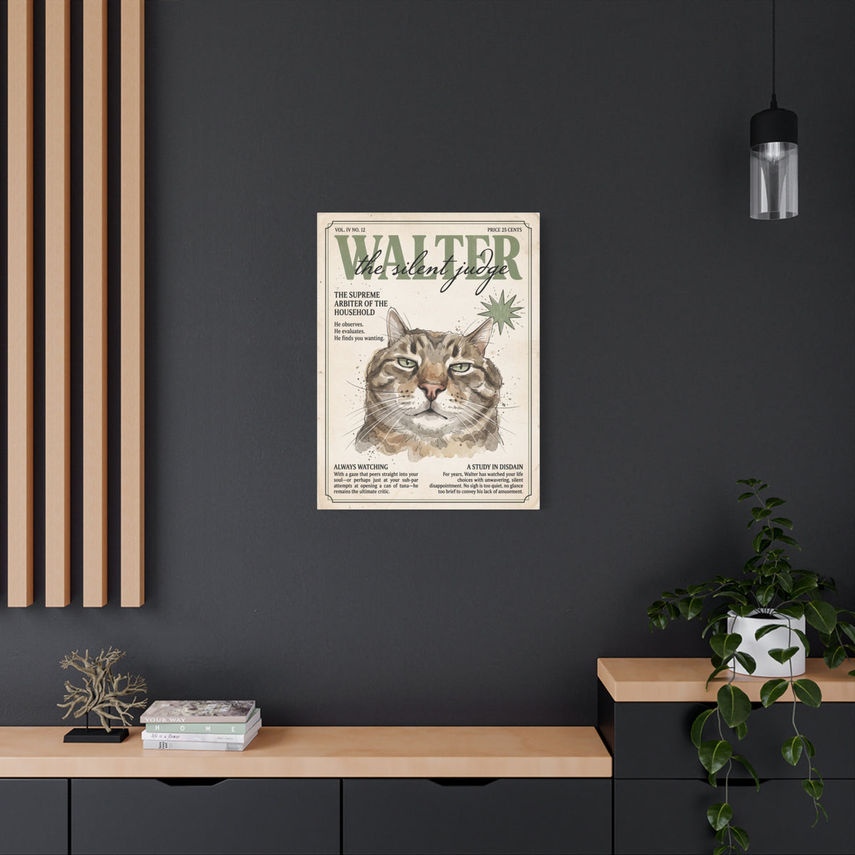 Walter the Silent Judge Cat Canvas Print, Vintage Magazine Pet Portrait