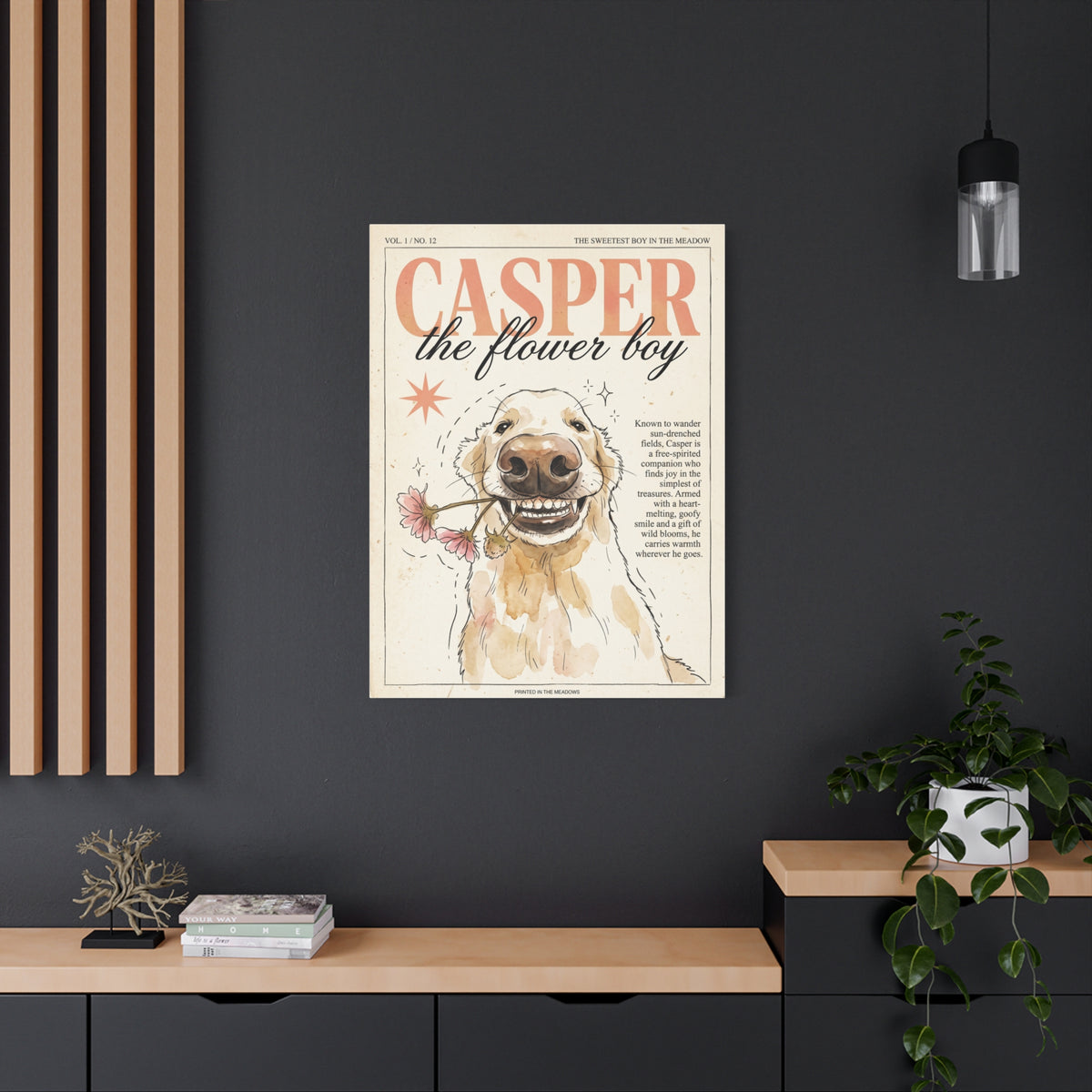 Casper the Flower Boy Canvas Print, Whimsical Golden Retriever Flower Dog Wall Art