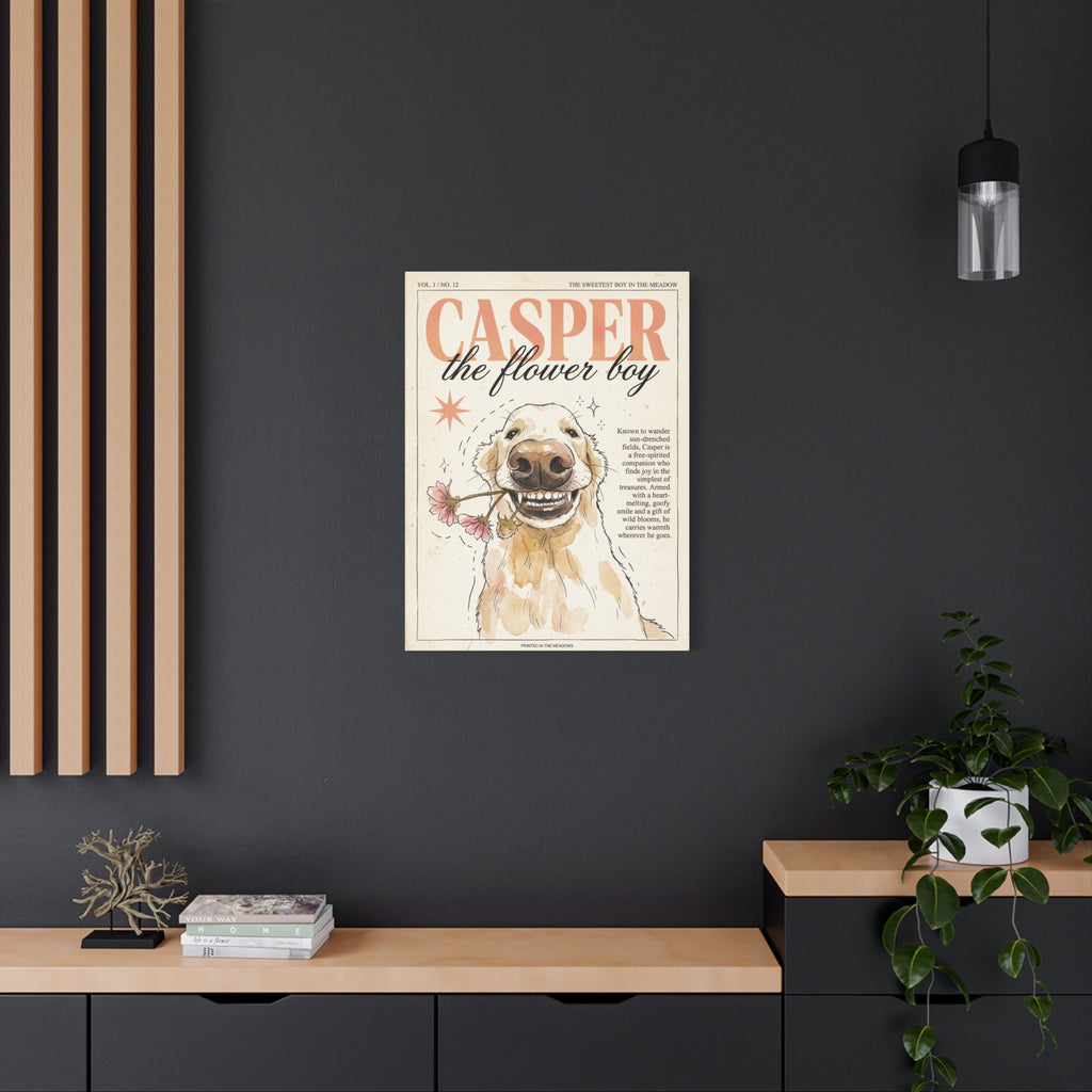Casper the Flower Boy Canvas Print, Whimsical Golden Retriever Flower Dog Wall Art