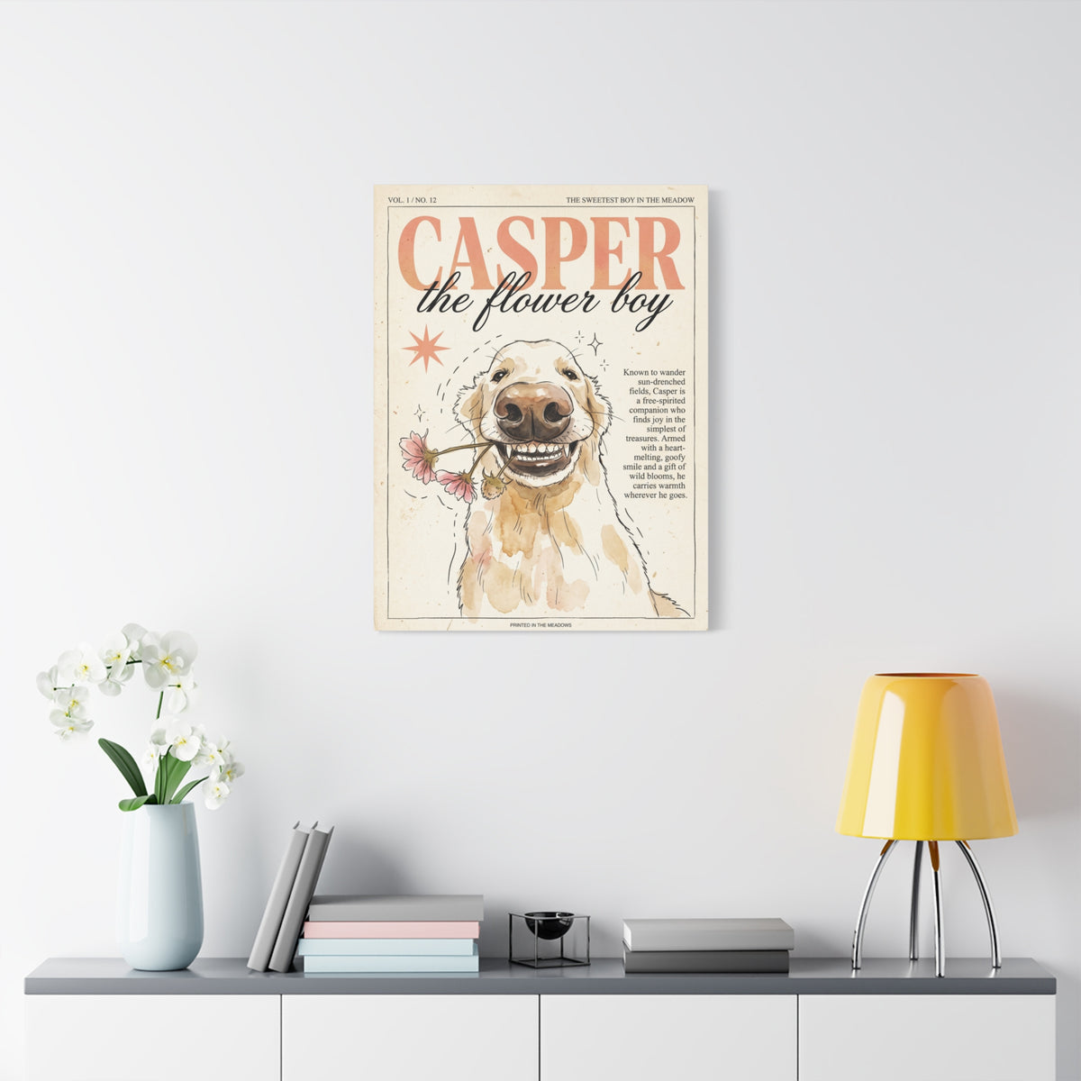 Casper the Flower Boy Canvas Print, Whimsical Golden Retriever Flower Dog Wall Art
