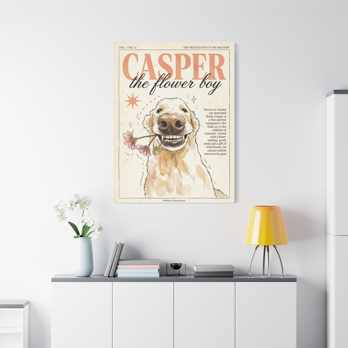 Casper the Flower Boy Canvas Print, Whimsical Golden Retriever Flower Dog Wall Art