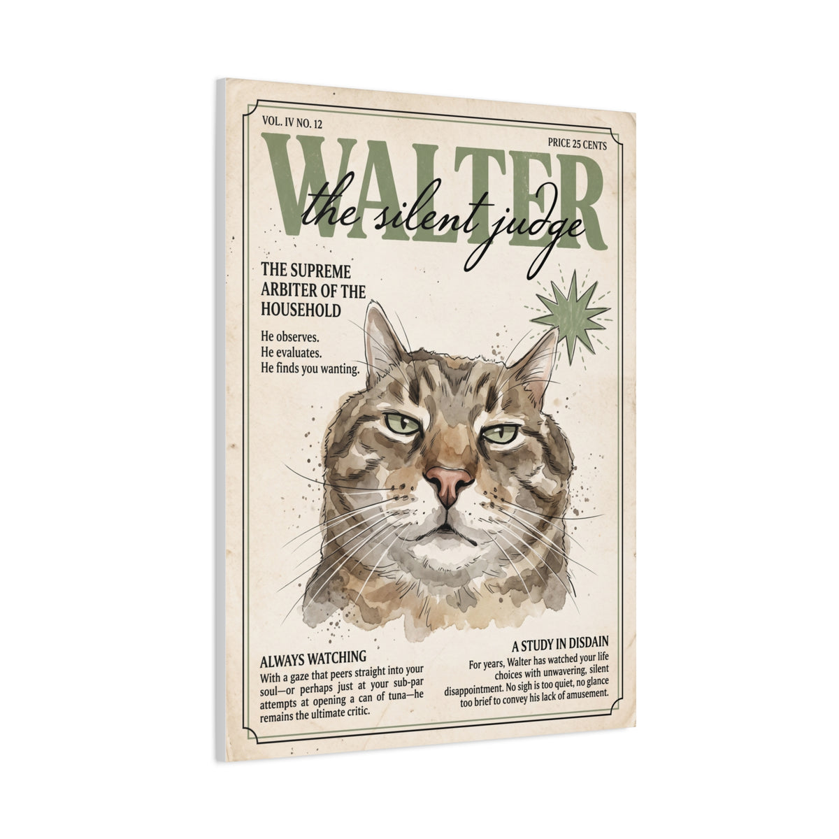 Walter the Silent Judge Cat Canvas Print, Vintage Magazine Pet Portrait