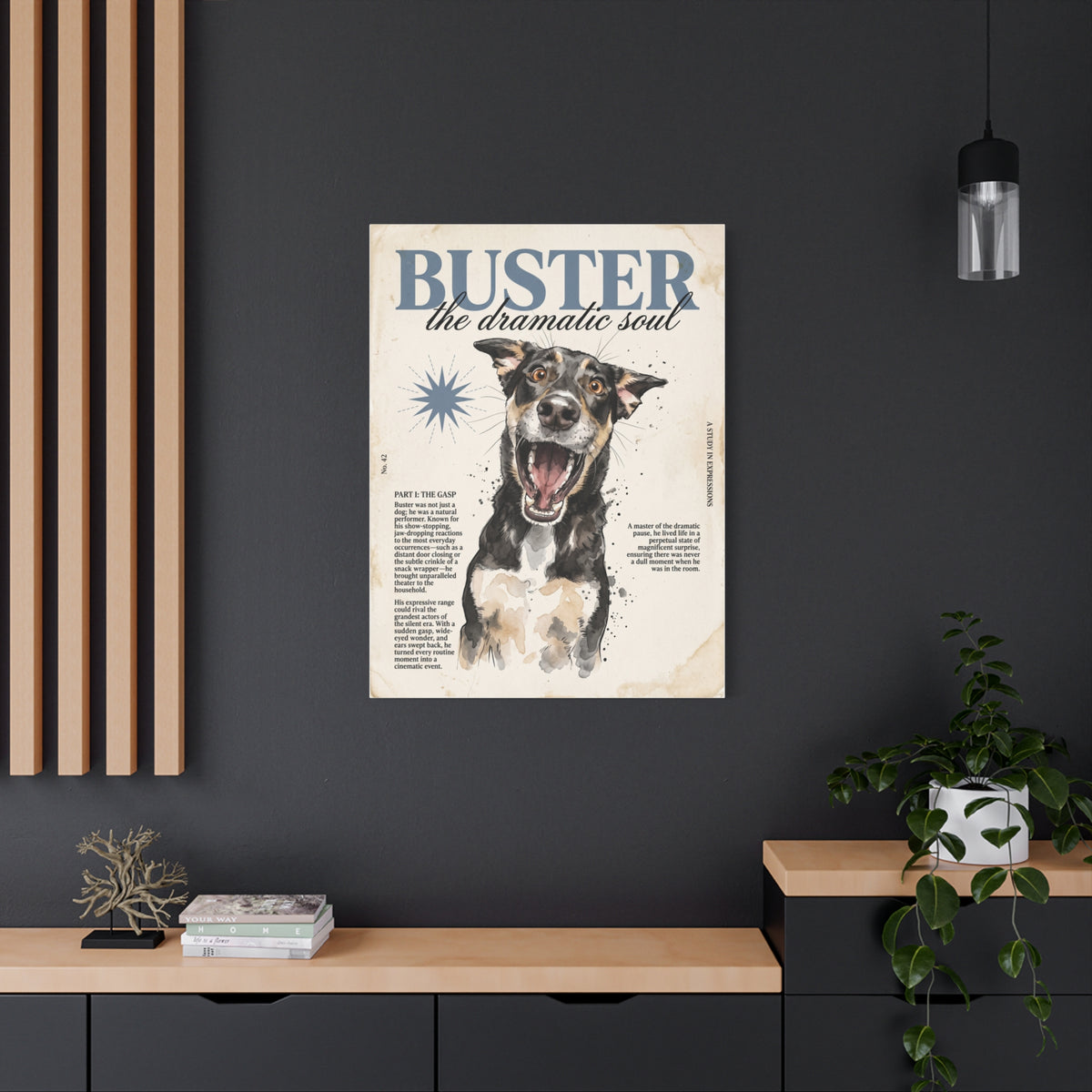 Buster the Dramatic Soul Canvas Wall Art, Pet Portrait Matte Stretched Print