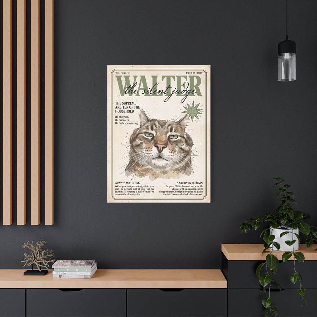 Walter the Silent Judge Cat Canvas Print, Vintage Magazine Pet Portrait
