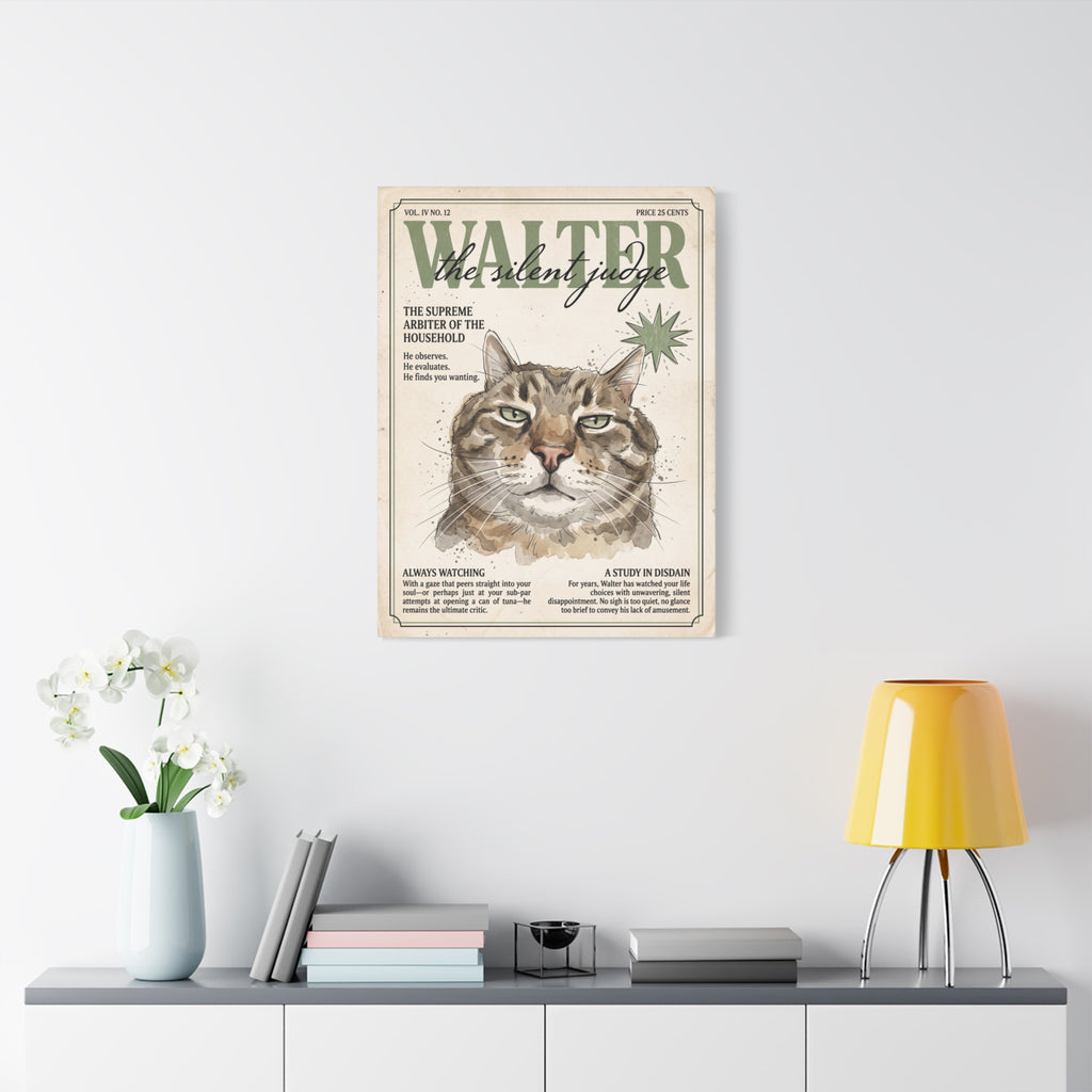 Walter the Silent Judge Cat Canvas Print, Vintage Magazine Pet Portrait