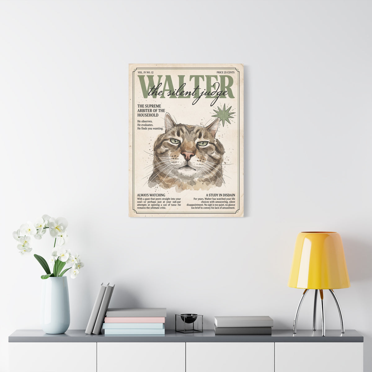 Walter the Silent Judge Cat Canvas Print, Vintage Magazine Pet Portrait