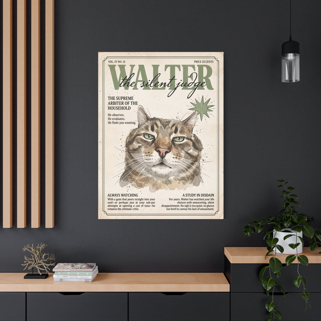 Walter the Silent Judge Cat Canvas Print, Vintage Magazine Pet Portrait