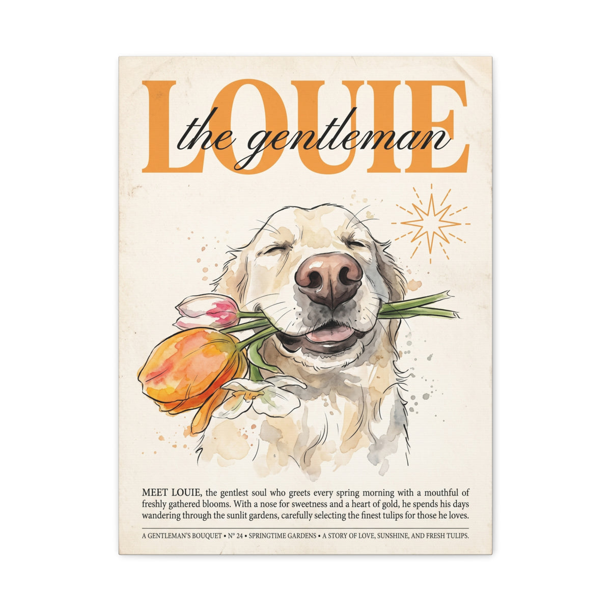 Louie the Gentleman, Golden Retriever Canvas Wall Art with Tulips