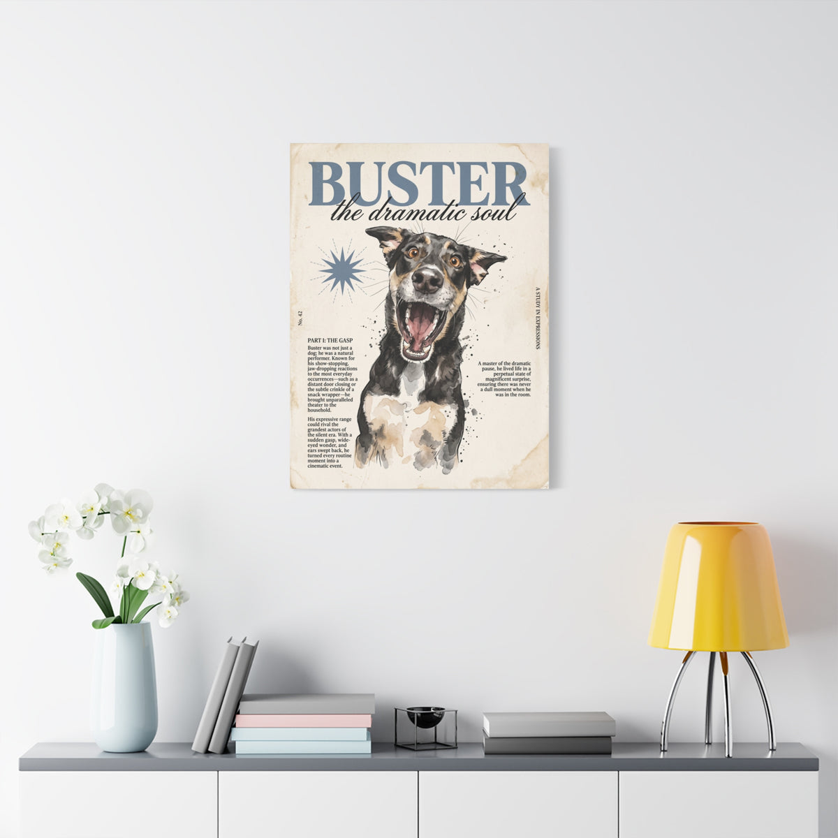 Buster the Dramatic Soul Canvas Wall Art, Pet Portrait Matte Stretched Print