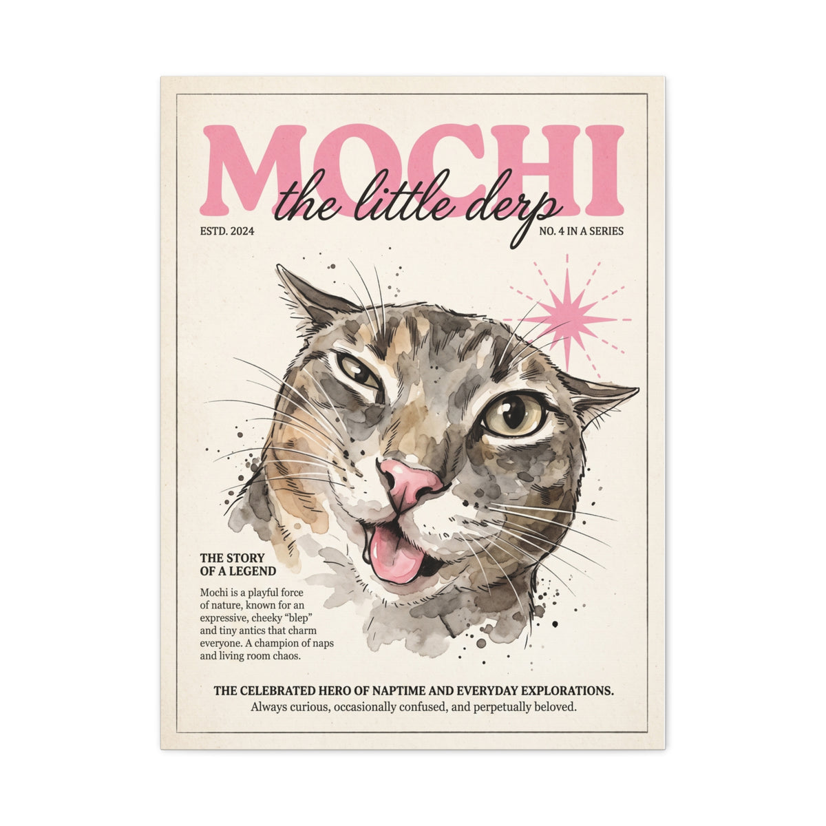 Mochi the Little Derp, Whimsical Cat Matte Stretched Canvas