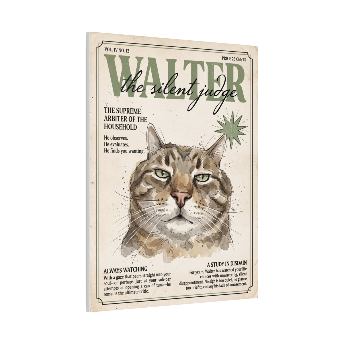 Walter the Silent Judge Cat Canvas Print, Vintage Magazine Pet Portrait