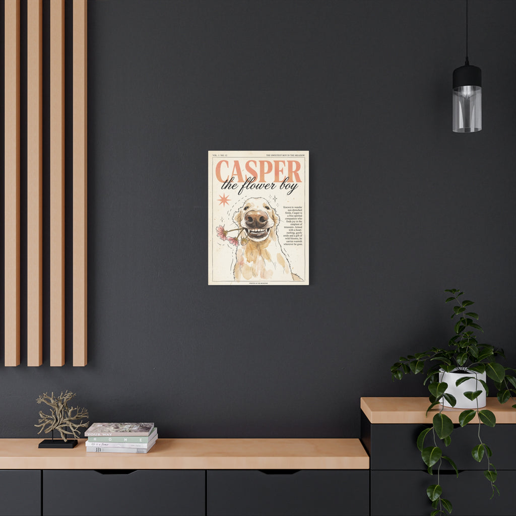 Casper the Flower Boy Canvas Print, Whimsical Golden Retriever Flower Dog Wall Art