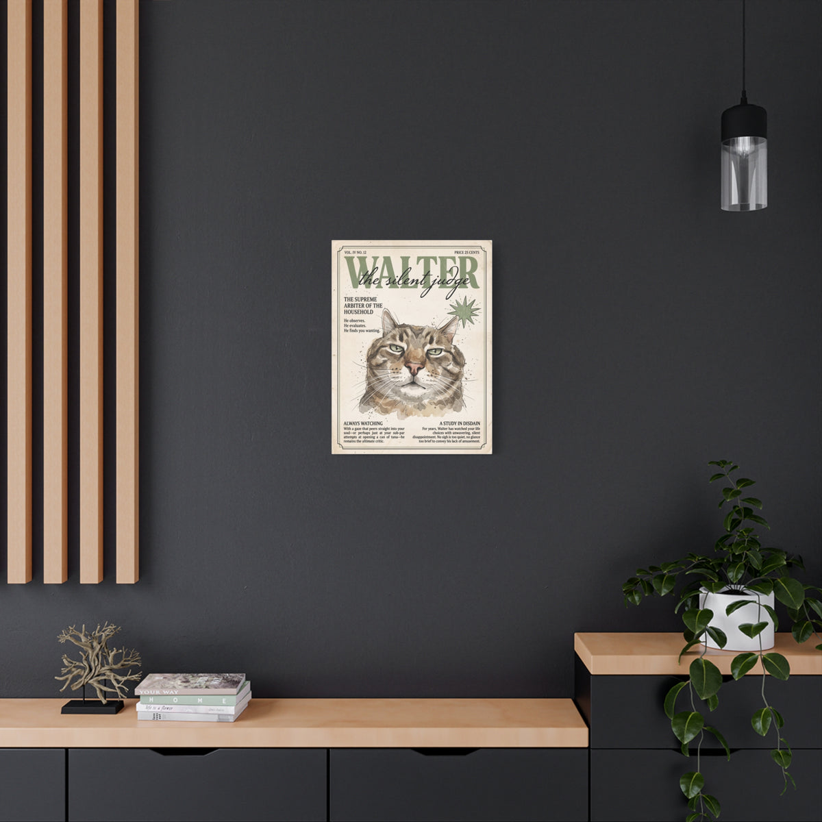 Walter the Silent Judge Cat Canvas Print, Vintage Magazine Pet Portrait