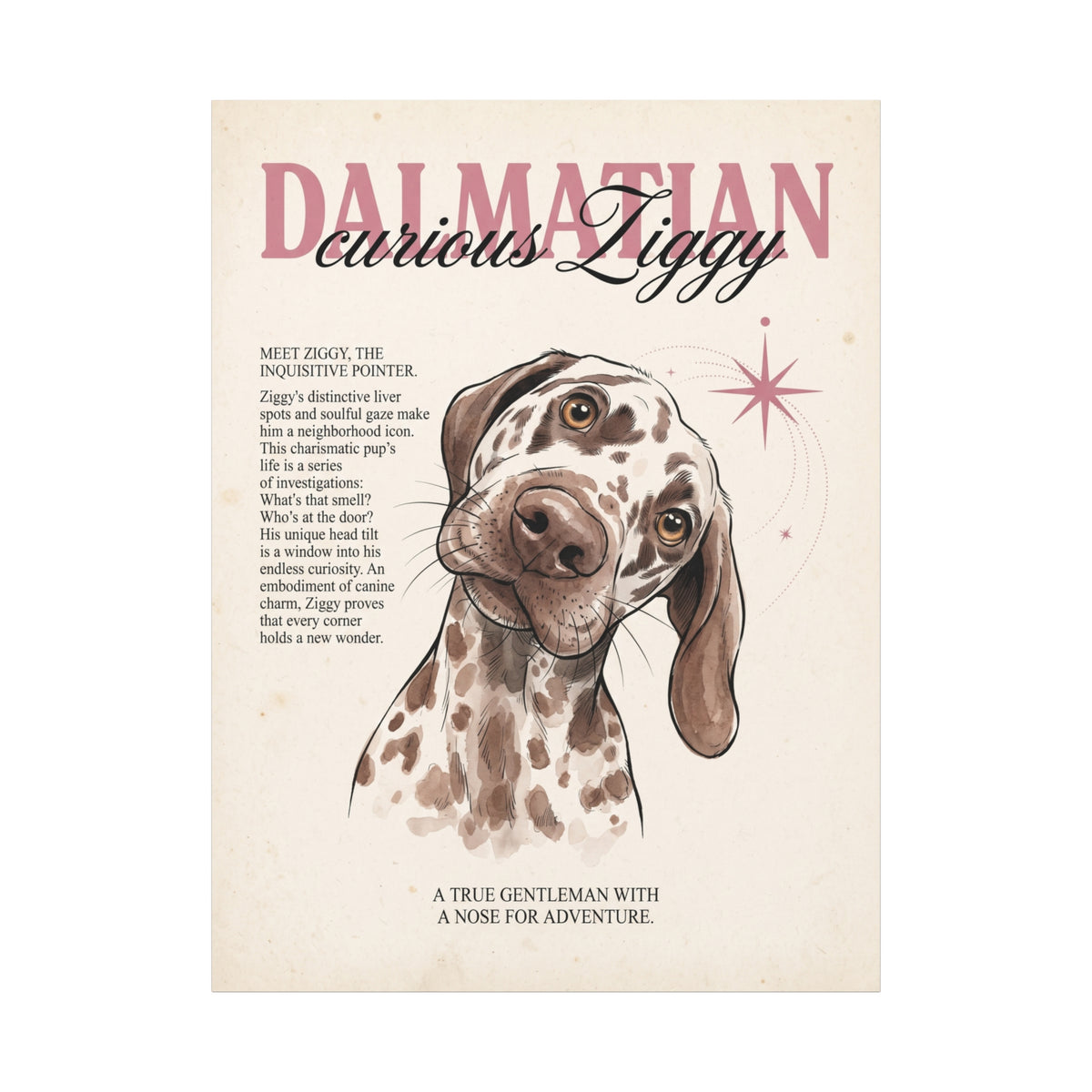 Curious Ziggy Dalmatian Matte Canvas, Vintage Sepia Dog Wall Art