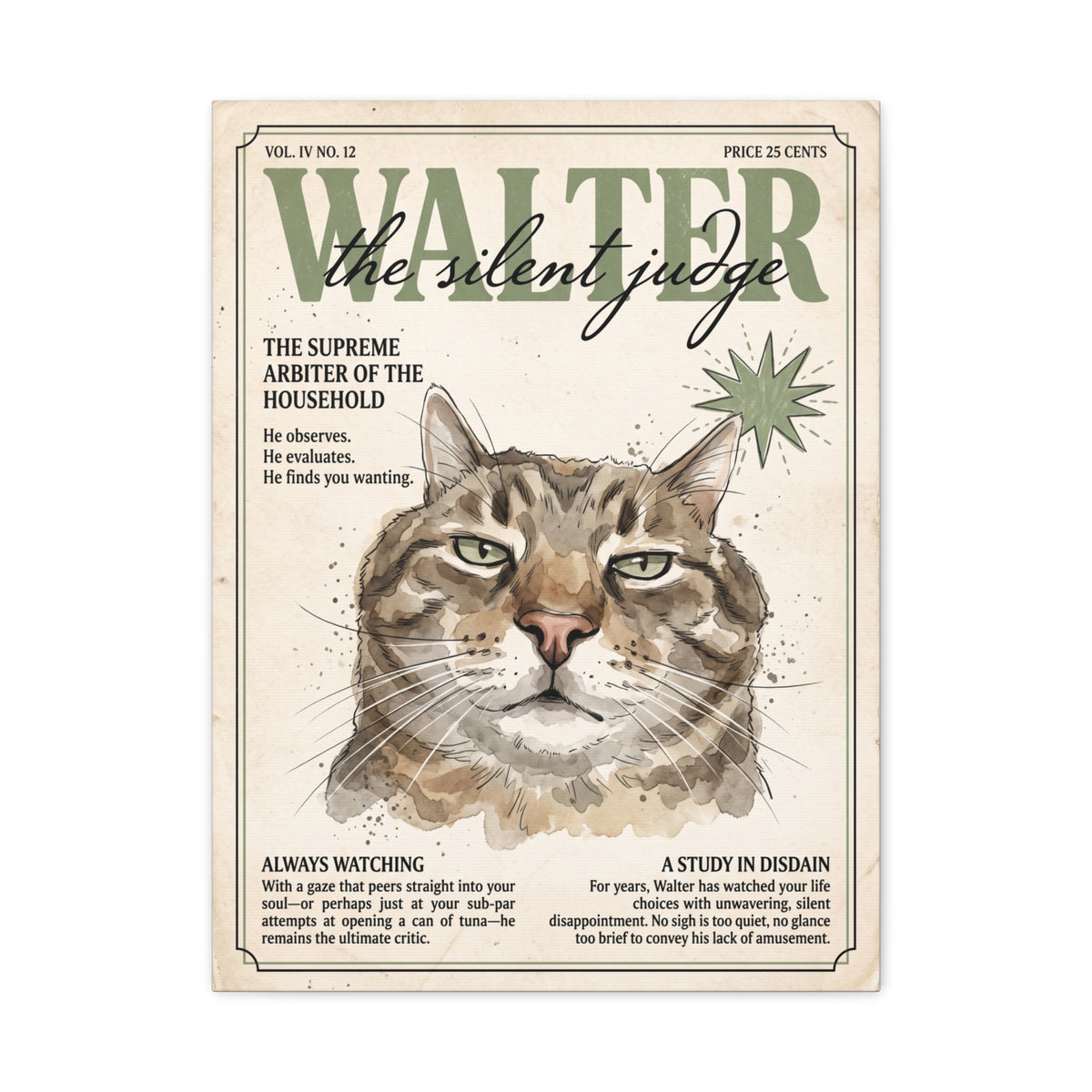 Walter the Silent Judge Cat Canvas Print, Vintage Magazine Pet Portrait