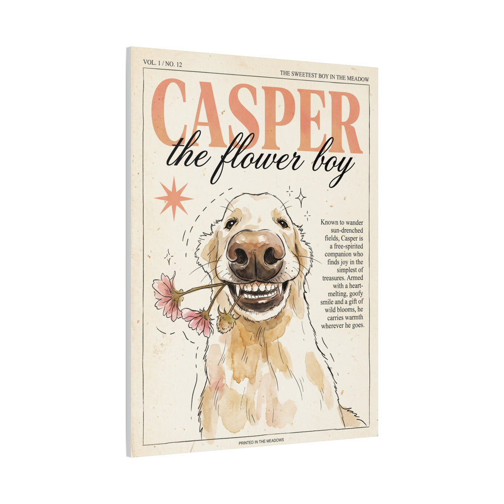 Casper the Flower Boy Canvas Print, Whimsical Golden Retriever Flower Dog Wall Art
