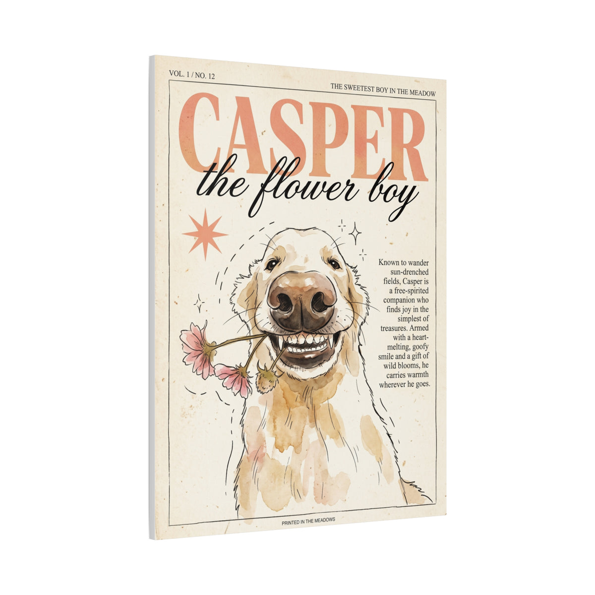 Casper the Flower Boy Canvas Print, Whimsical Golden Retriever Flower Dog Wall Art