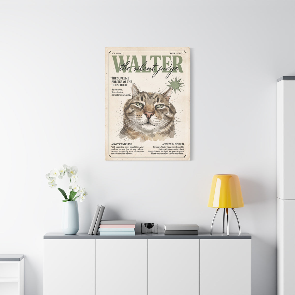 Walter the Silent Judge Cat Canvas Print, Vintage Magazine Pet Portrait