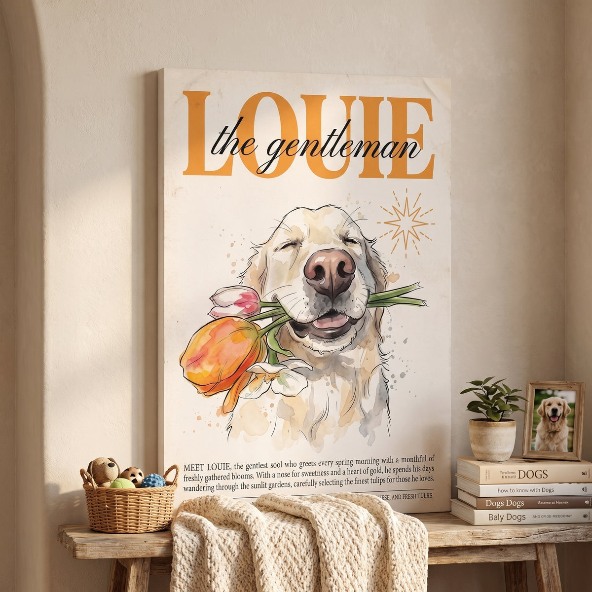 Louie the Gentleman, Golden Retriever Canvas Wall Art with Tulips
