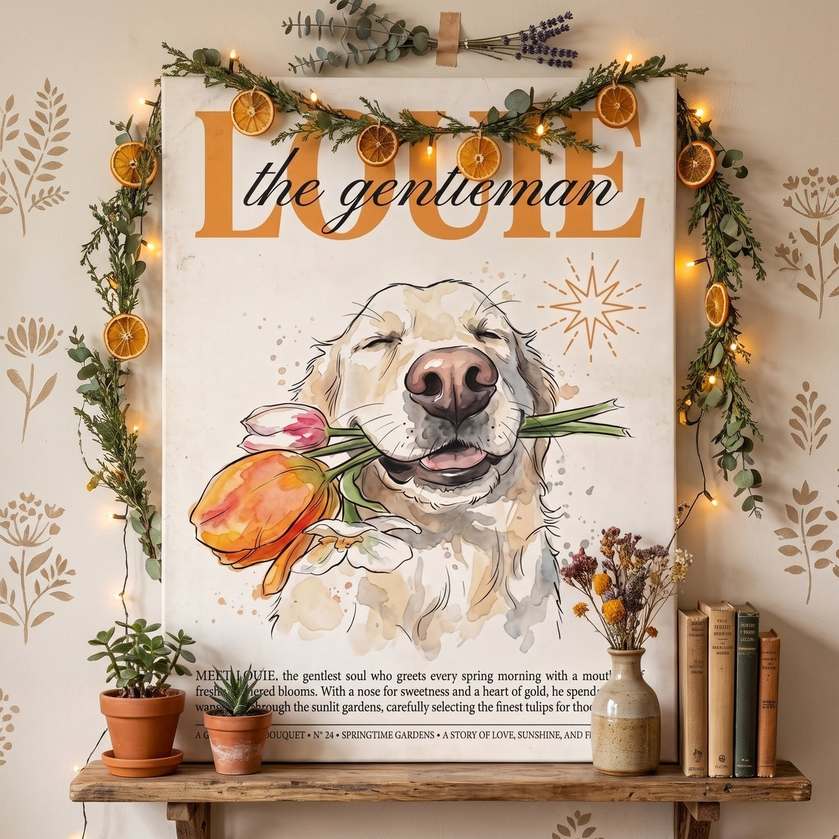 Louie the Gentleman, Golden Retriever Canvas Wall Art with Tulips
