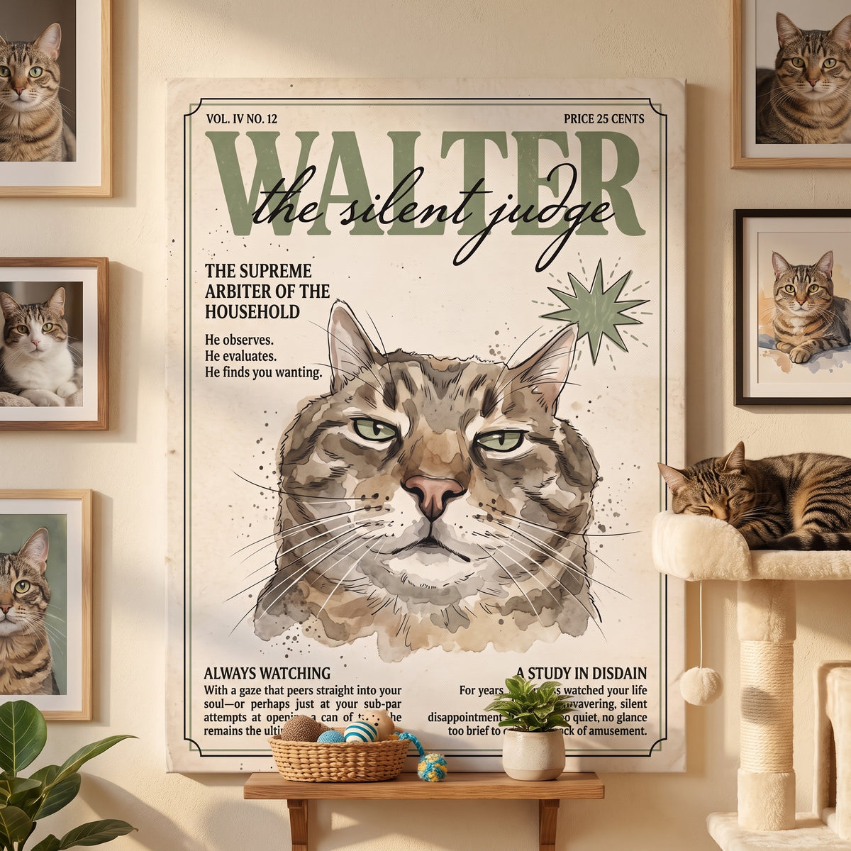 Walter the Silent Judge Cat Canvas Print, Vintage Magazine Pet Portrait