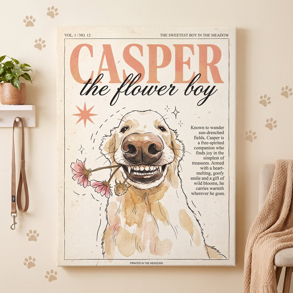 Casper the Flower Boy Canvas Print, Whimsical Golden Retriever Flower Dog Wall Art