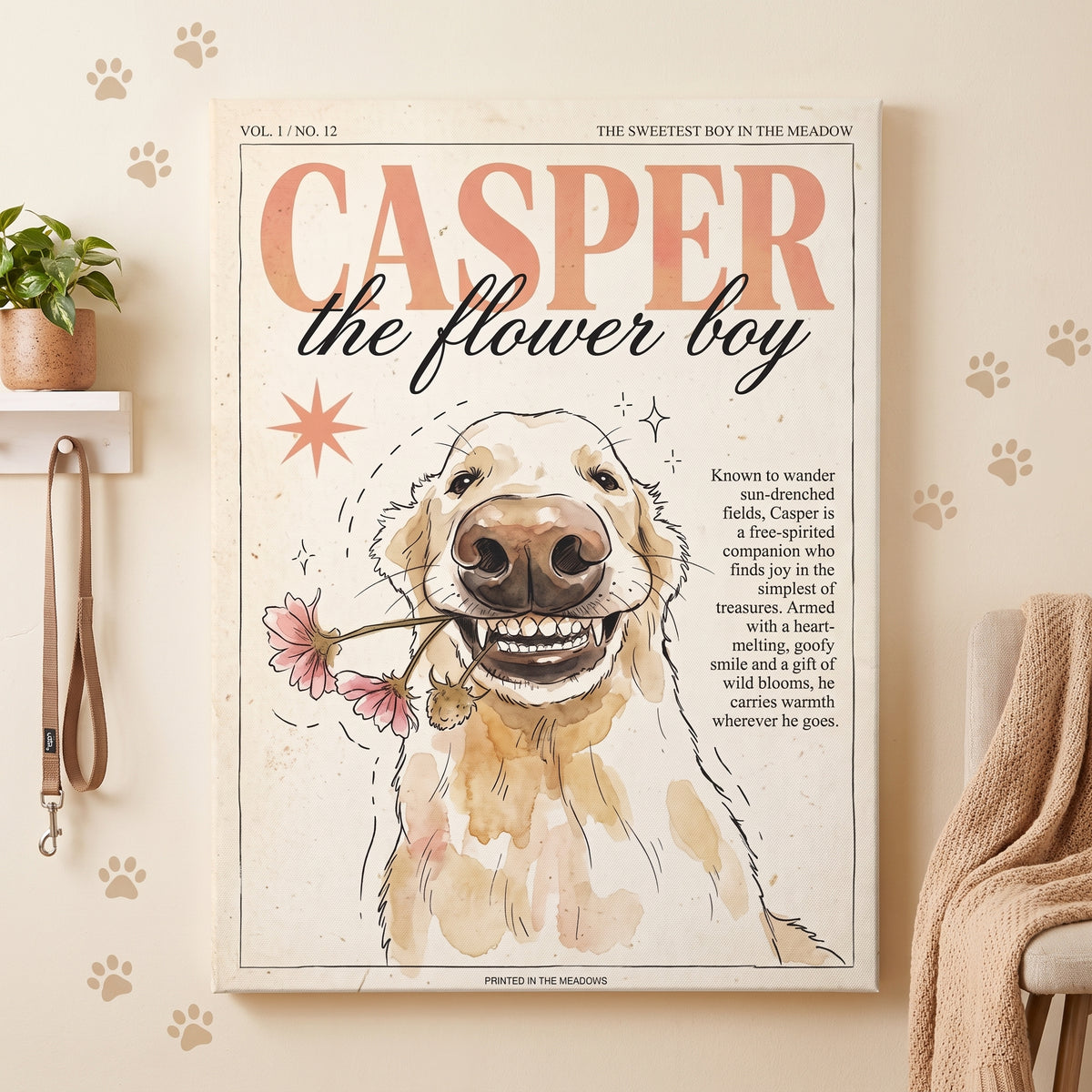 Casper the Flower Boy Canvas Print, Whimsical Golden Retriever Flower Dog Wall Art