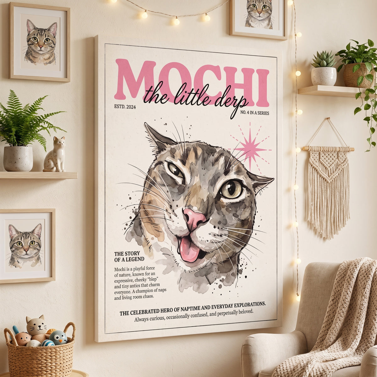 Mochi the Little Derp, Whimsical Cat Matte Stretched Canvas