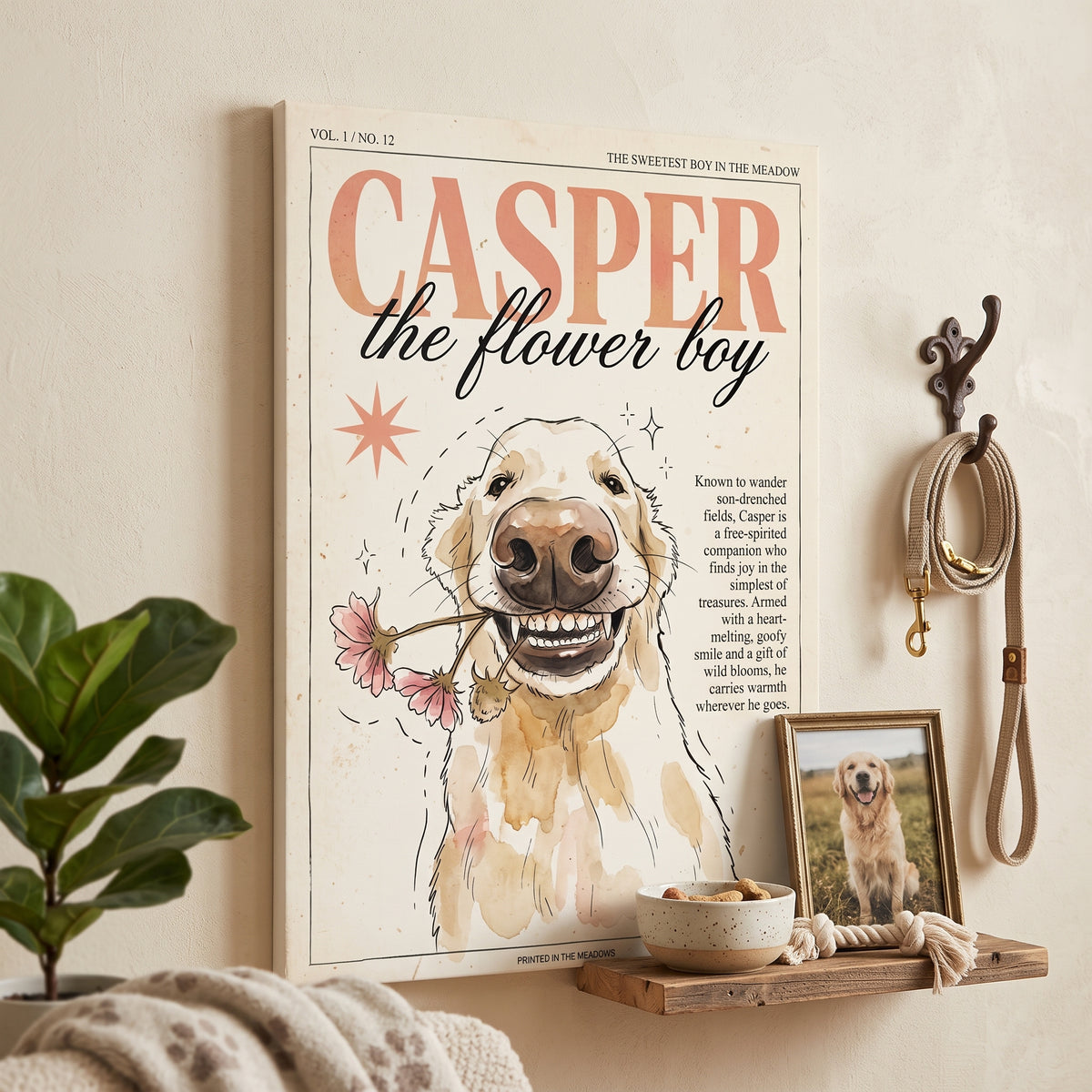 Casper the Flower Boy Canvas Print, Whimsical Golden Retriever Flower Dog Wall Art