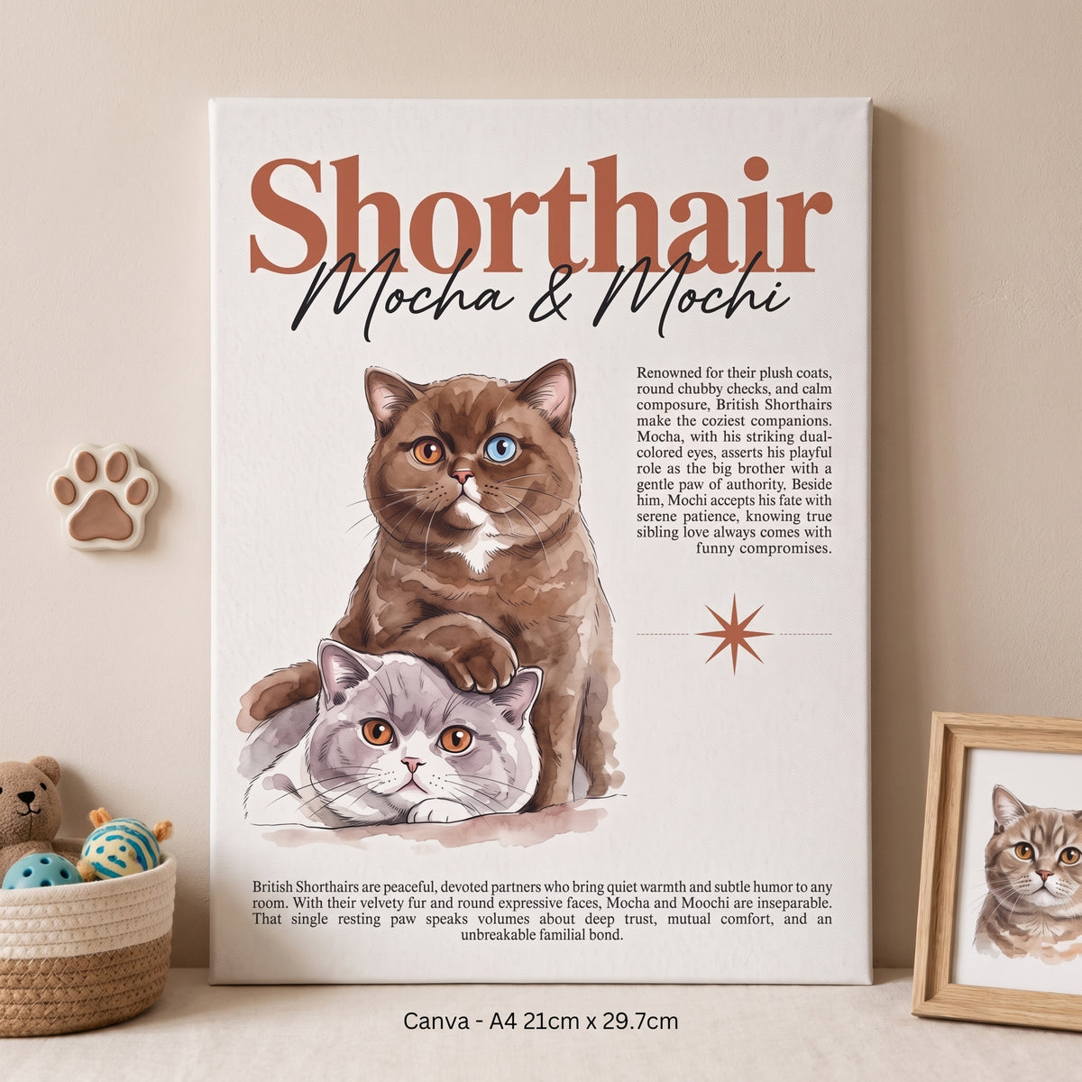 British Shorthair Cats Canvas Print, "Mocha & Mochi" Matte Stretched Wall Art